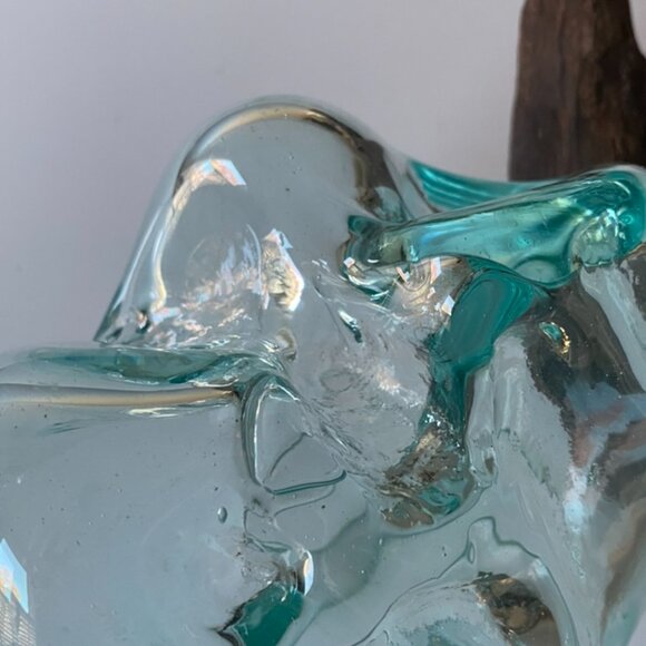 Handmade Art Glass Wood Vase Blown Molten Glass Bowl Teak Base Terrarium NEW - Picture 13 of 16